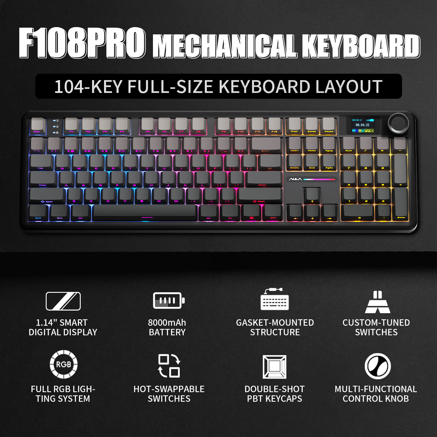 Gaming Keyboard Thocky - Teclado Mecânico AULA F108 PRO Personalizado